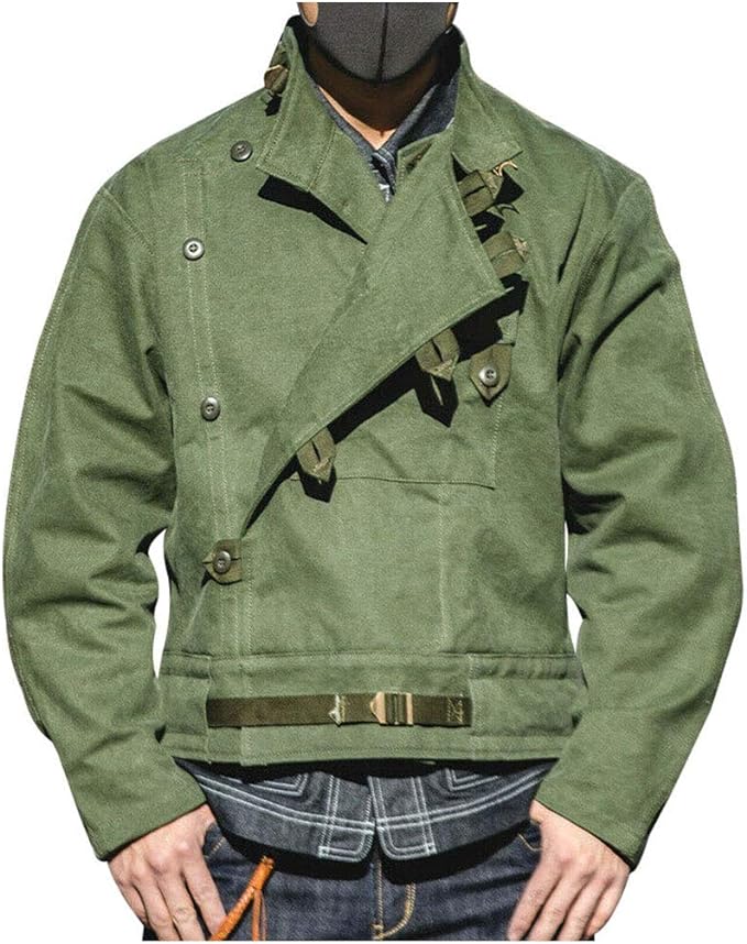 Men's Vintage Swedish Motocycle Jacket Cotton Army Military Workwear Green Coat