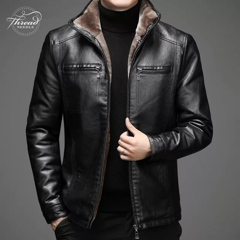 Mens Winter Slim Fit Shearling Stylish Black Motorcycle Leather Jacket
