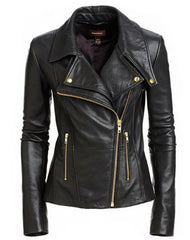 Women's Black Slim Fit Biker Lambskin Leather Designer Golden Zipper Jacket