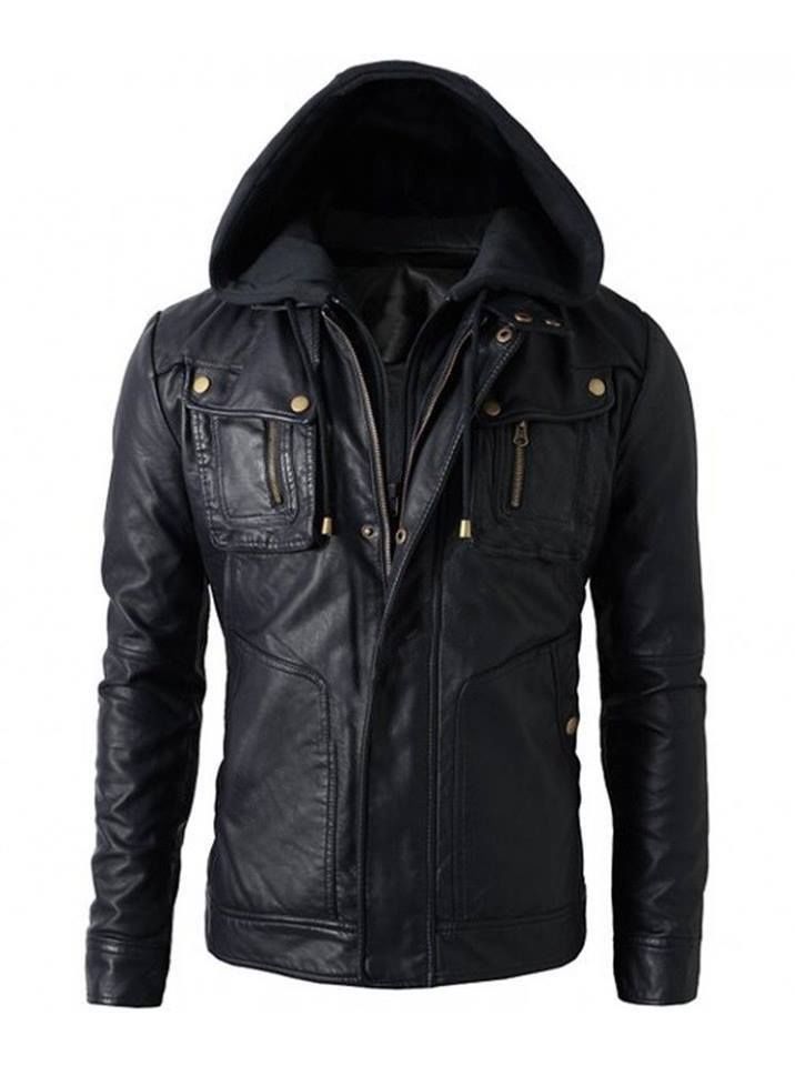 Men Hooded Genuine Leather Jacket Slim Fit Biker Jackets Motorcycle Detatchable Hood