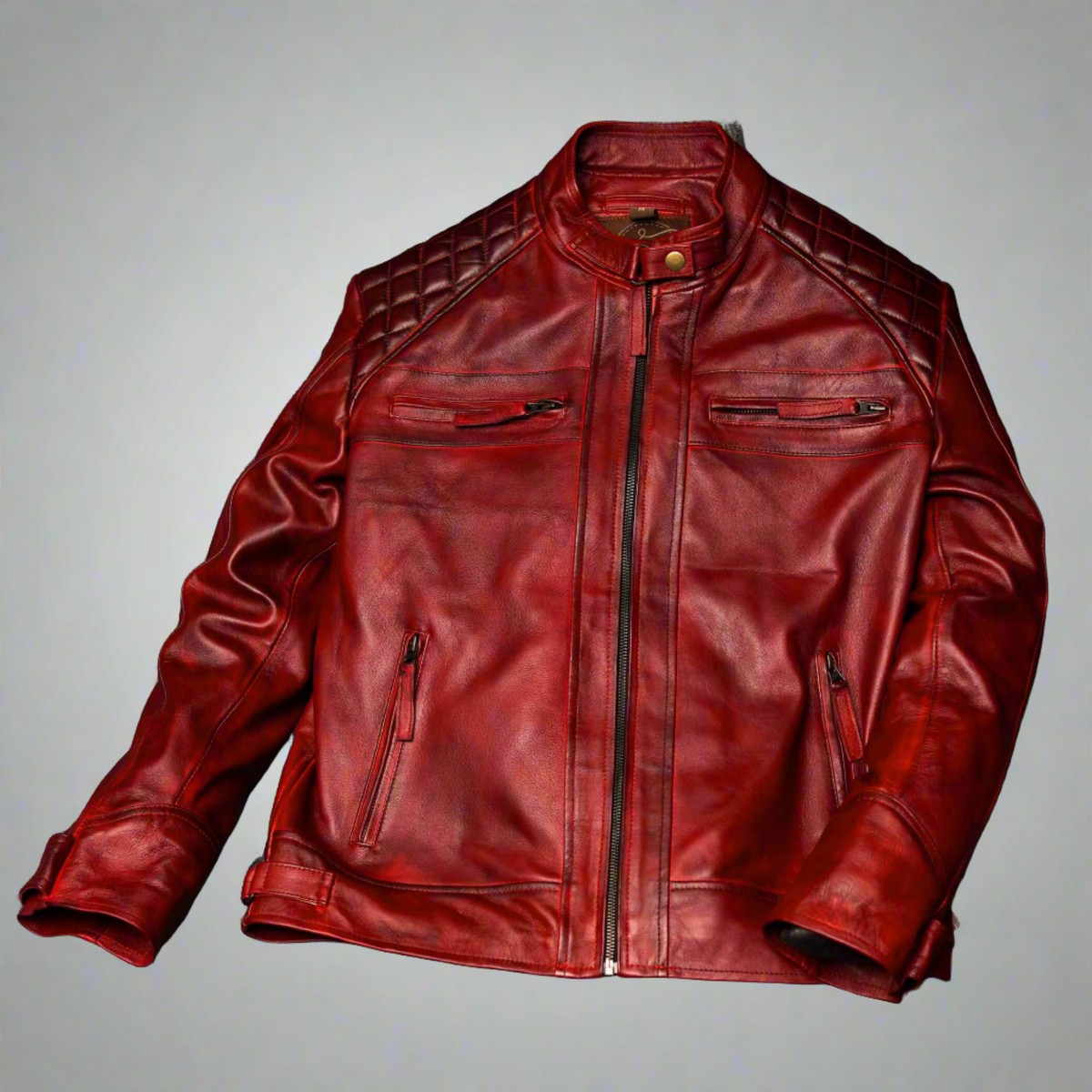 Mens Red Vintage Biker Motorcycle Real Cafe Racer Leather Jacket | Men's Dimond Classic Motorcycle Vintage Red Biker Jacket